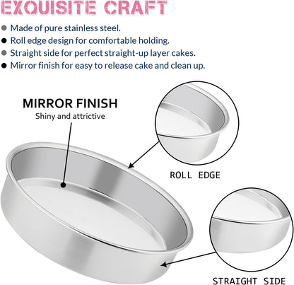 E-far 8 Inch Cake Pan Set of 3, Stainless Steel Round Layer Cake Baking Pans, Non-Toxic & Healthy, Mirror Finish & Dishwasher Safe