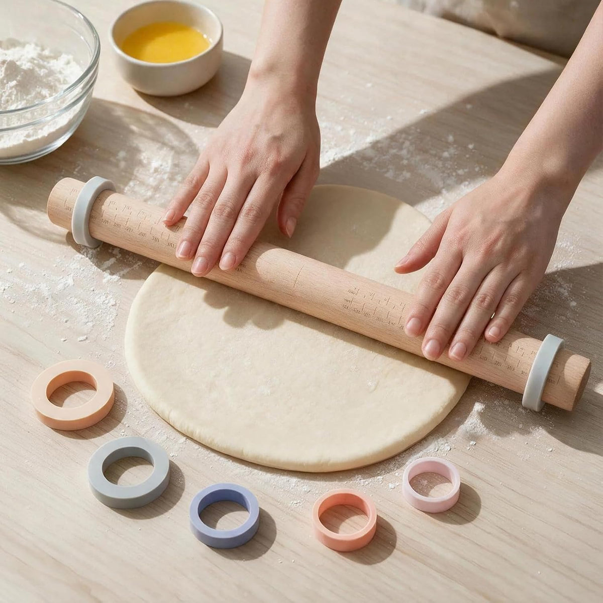 Wood Rolling Pin with Thickness Rings: Adjustable Dough Roller for Baking