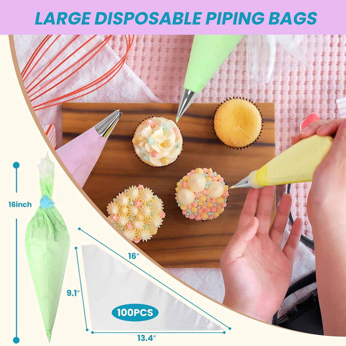 firstake Disposable Piping Bags 100pcs, 16 Inch Large Pastry Bags for Cake