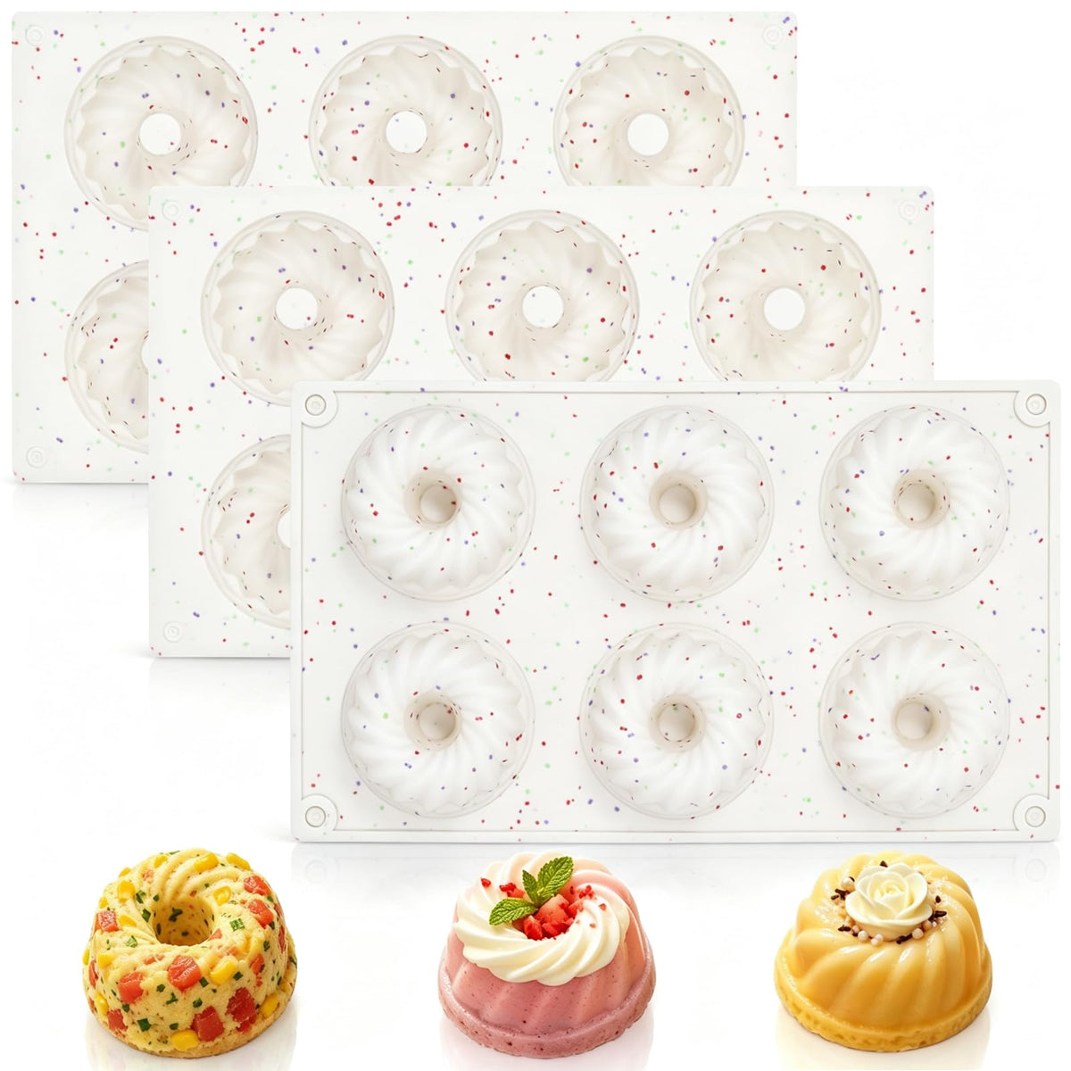 3 Pcs Silicone Mini Fluted Tube Cake Pans, 6‑Cavity Mini Cake Pans
