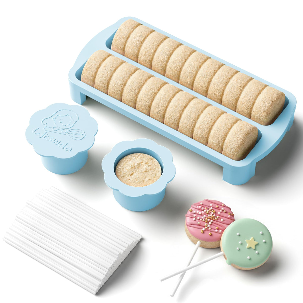 Round Cake Pop Mold Kit with Sticks Non-3D Printed Cutter Pusher Set White