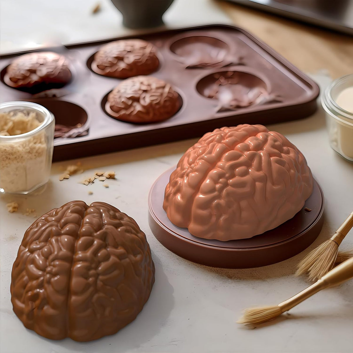 Brain Silicone Mold - Brain Cake Mold with Support Base, 3D Realistic Silicone Human Brain Gelatin Mold 3'' Deep Brain Baking Pan for Candy Breakable Chocolate Jelly or Pudding