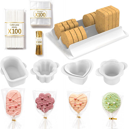Cake Pop Molds Set, 4 Shapes with Tray, 100 Sticks Wrappers Ties