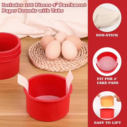 HUAKENER 4 Inch Cake Pan, 4 Pack Silicone Cake Molds with Parchment Paper ﻿