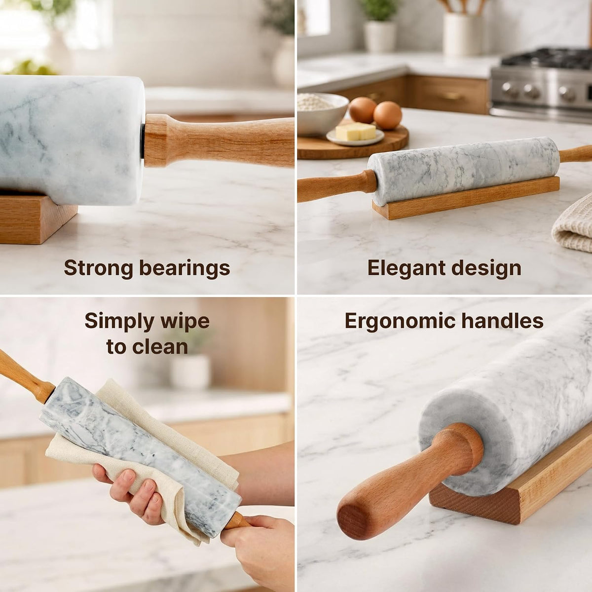 Zulay Kitchen 17-Inch Marble Rolling Pin With Stand - Polished Marble Rolling Pins For Baking With Long Beechwood Handle - Non-stick Roller Pin For Baking Pastries, Bread & Pizza