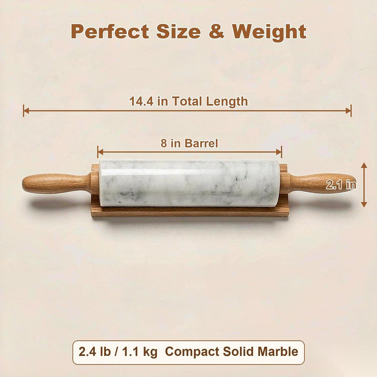 White small Marble Dough Rolling Pin for Baking, 8 inch Barrel