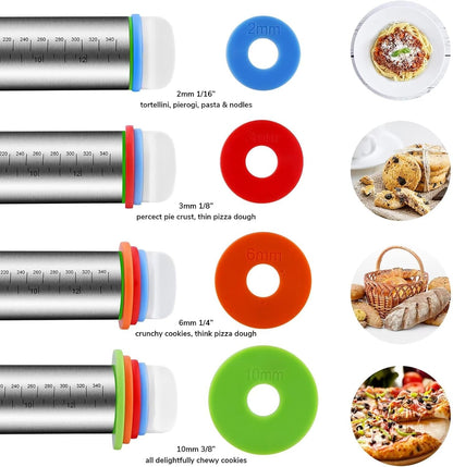 Stainless Steel Rolling Pin and Silicone Mat Set, Adjustable Thickness Rings - For Baking Dough, Pizza, Pies, Pastries, Pasta, Cookies