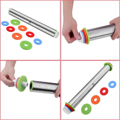 Rolling Pin and Pastry Baking Mat Set, Rolling Pins with Adjustable Thickness Rings, Stainless Steel Dough Roller for Baking Fondant, Pizza, Pie, Pastry, Pasta, Cookies (Black Mat)