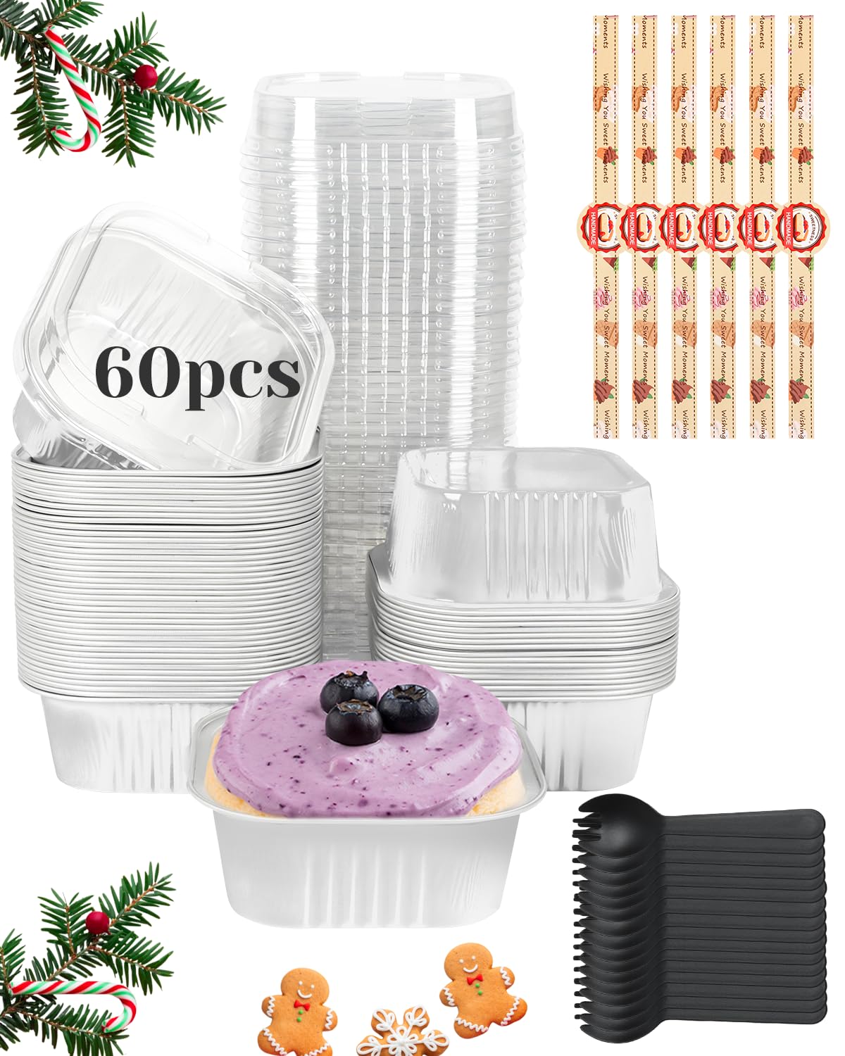 YQER 60 Pack 10oz Mini Cake Pans with Lids, Spoons, Stickers - Disposable Square Brownie Baking Cups - Individual Small Aluminum Foil Loaf Tins for Muffin, Ramekins, Cupcake - Catering, Gift, Pink