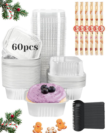 YQER 60 Pack 10oz Mini Cake Pans with Lids, Spoons, Stickers - Disposable Square Brownie Baking Cups - Individual Small Aluminum Foil Loaf Tins for Muffin, Ramekins, Cupcake - Catering, Gift, Pink