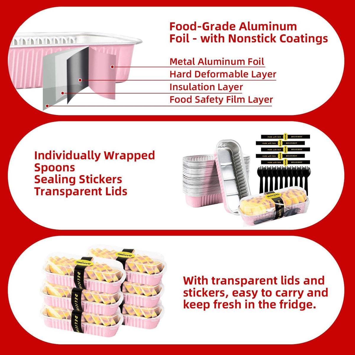 Mini Loaf Pans with Lids and Spoons Sealing Sticker,6.8oz Cake Pans for Baking Disposable Aluminum Foil Pink/Red cake pan (30, Pink)