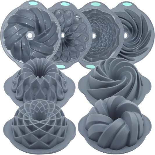 Tongjude 4 Pieces Silicone Fluted Cake Pans, 9/10/12 Cups Tube Baking Pan, Silicone Molds for Homemade Cake, Bread and Jello, Non-Stick, Grey