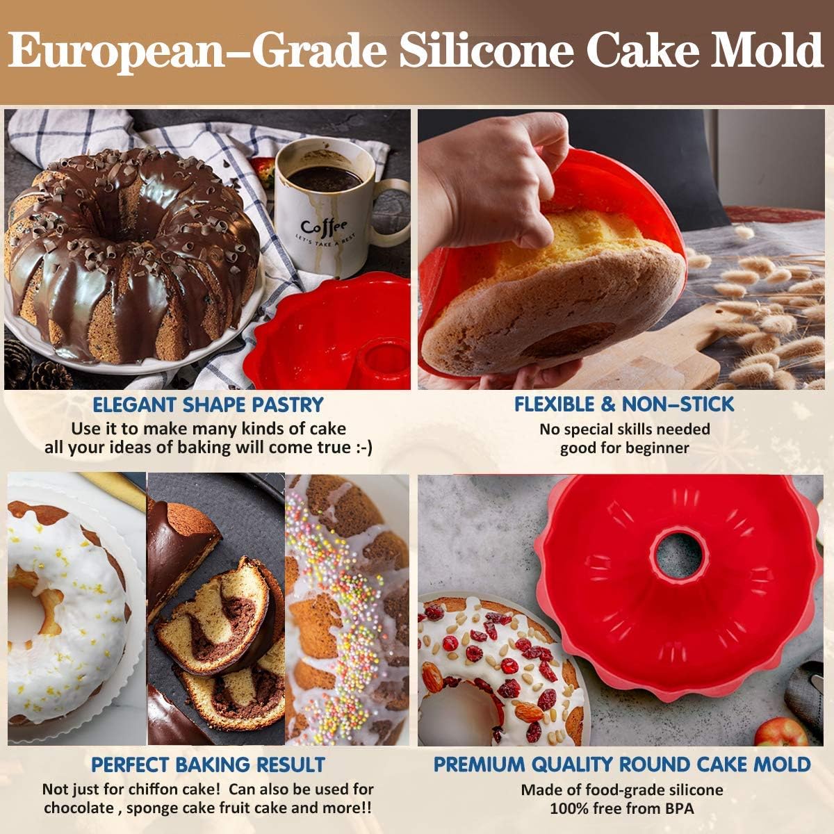 European Grade Top-Level Silicone Cake Mold, Non Stick 9 inch Fluted Tube Cake Pan for Bakeware for Cake, Jello, Gelatin, Bread, Monkey Bread, Brownie, Round baking pan, BPA Free Bakeware