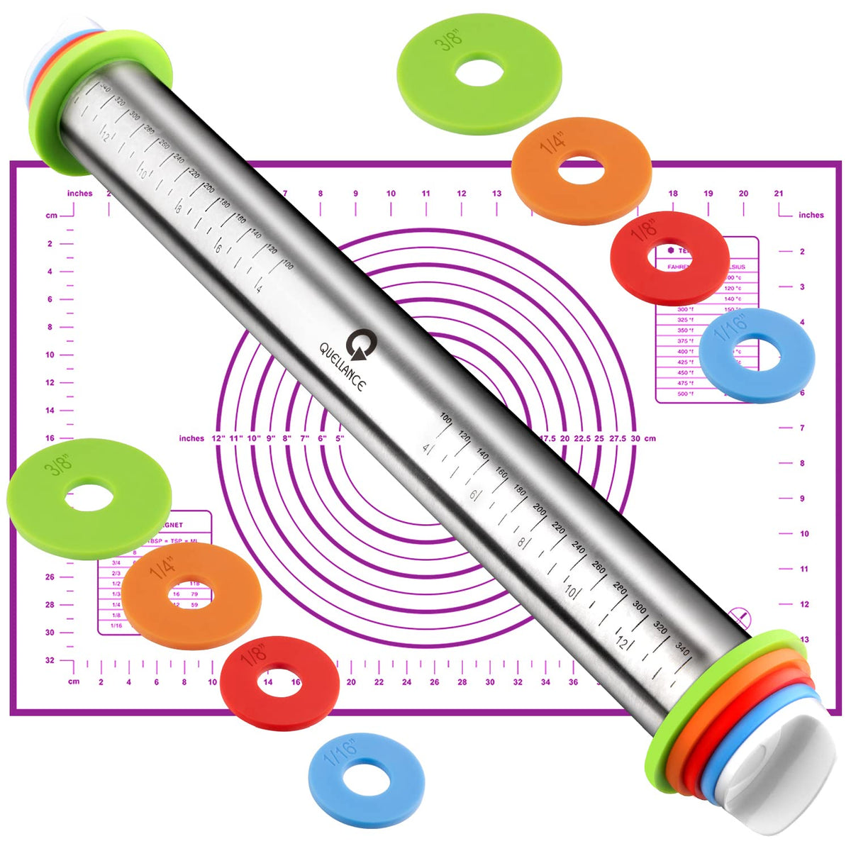 Stainless Steel Rolling Pin & Baking Mat Set with Adjustable Thickness Ring