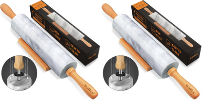 Walfos Marble Rolling Pin With Wooden Handles & Wood Cradle, 16.5 Inch Marble Rolling Pins For Making Pizza Dough And Tortillas, Dough Roller For Pie Crust, Cookie, Pasta (Gray & White)