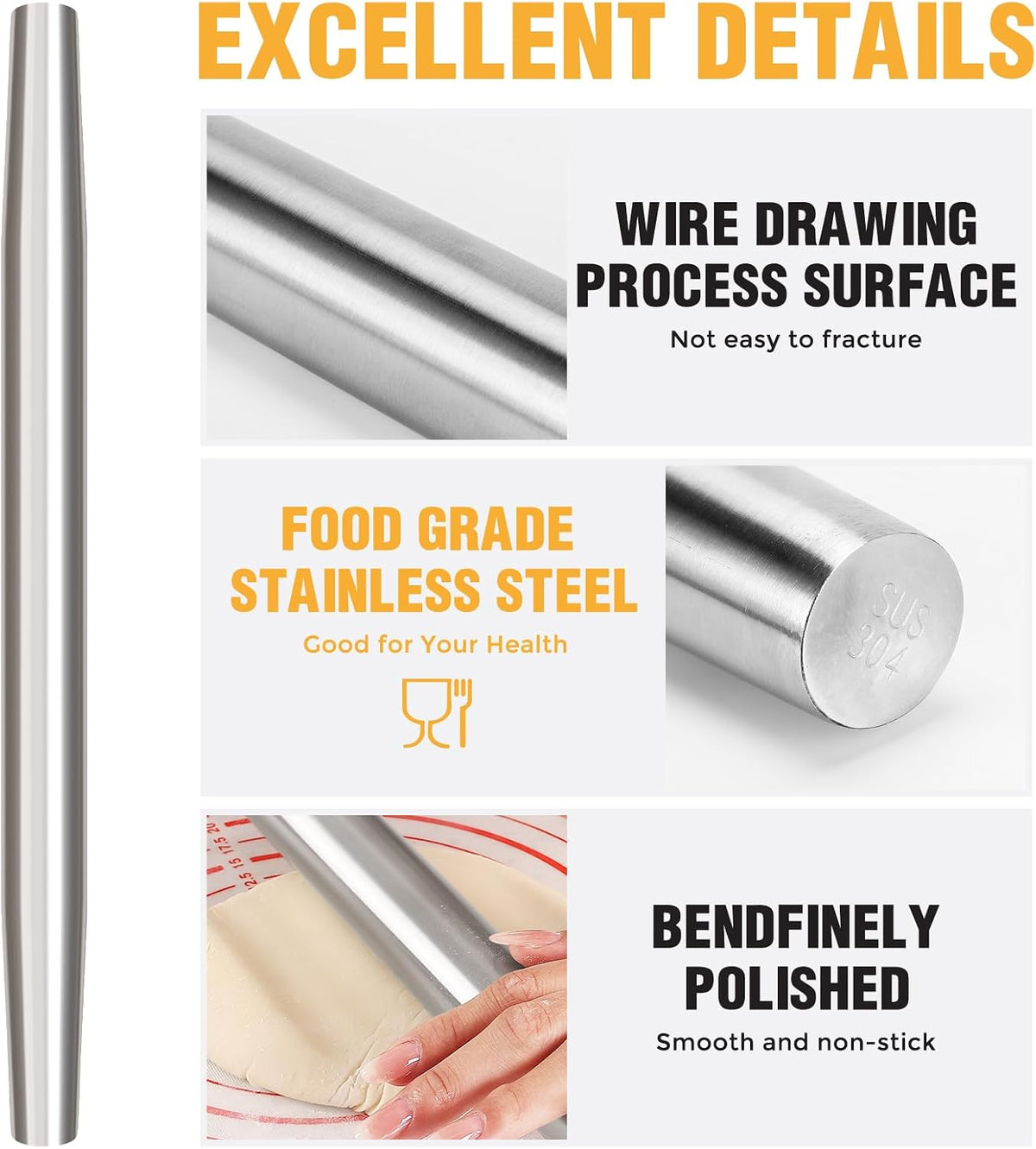 AMUZHI Smooth Seamless Stainless Steel Rolling Pin, 12.8 Inch