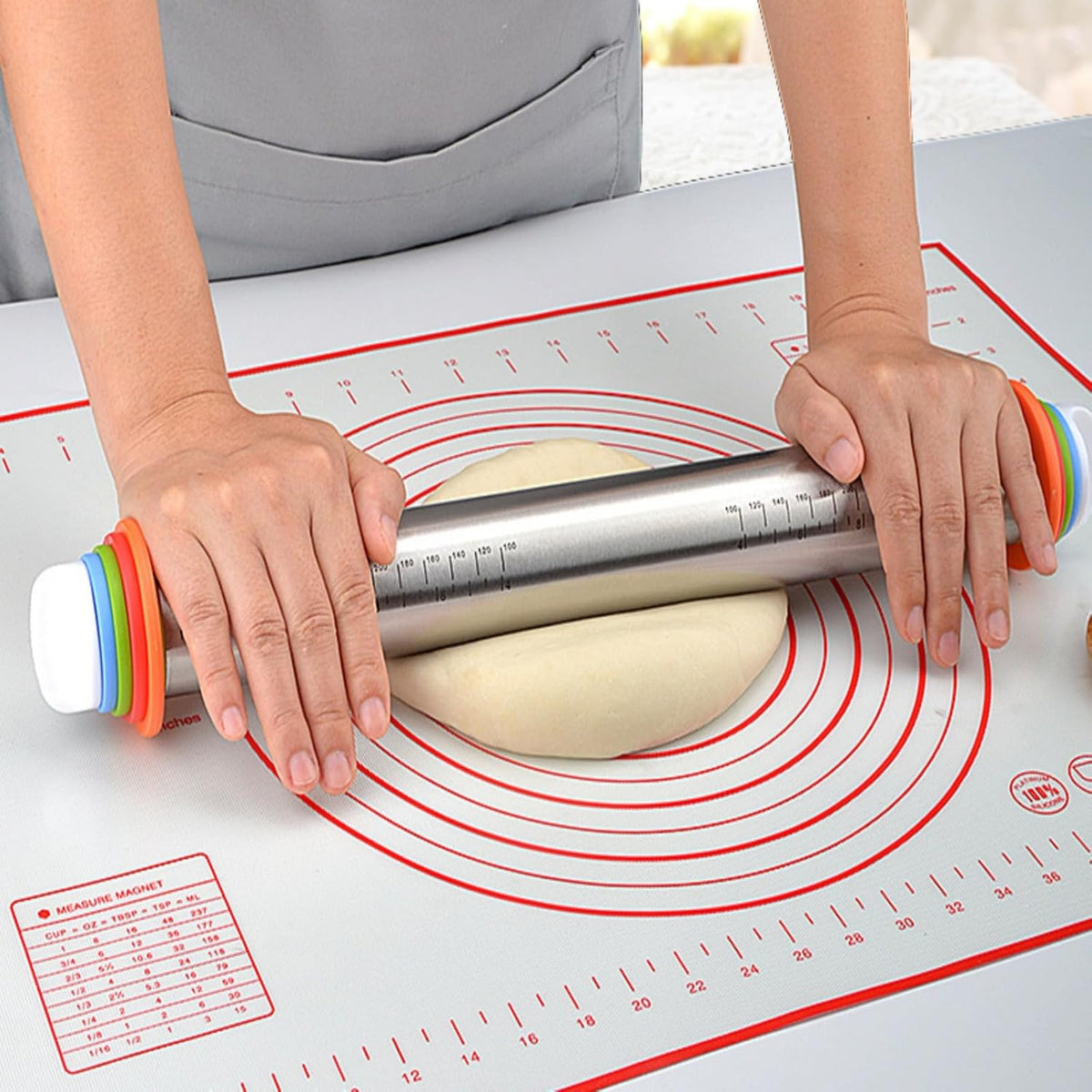 Adjustable Rolling Pin With Thickness Rings&Silicone Baking Pastry Mat Set