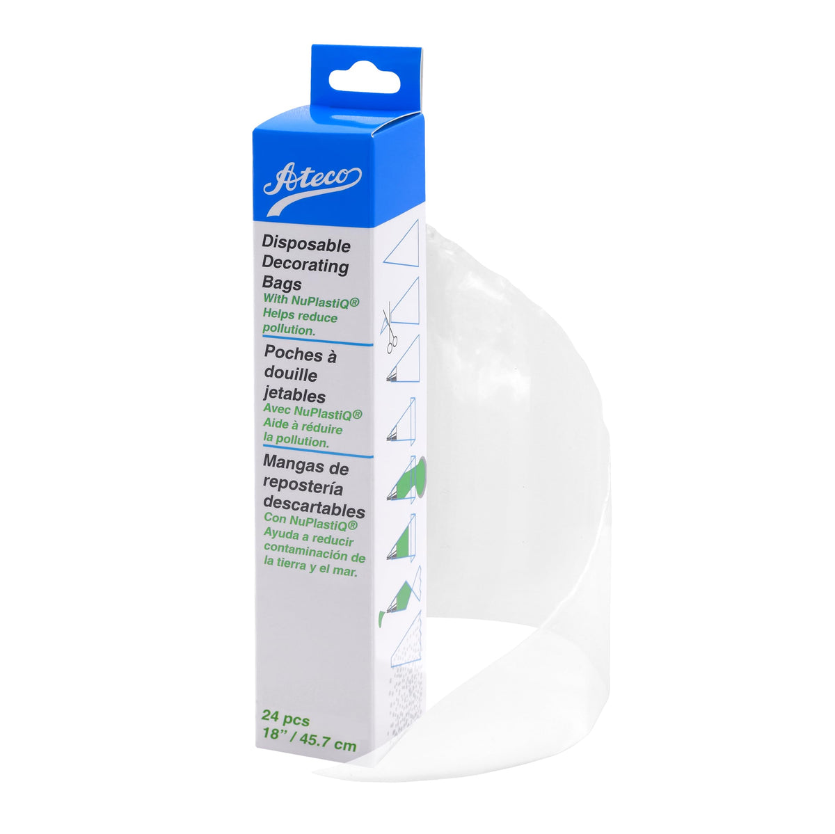 Ateco 4418 Plastic Disposable Piping and Cake Decorating Bags with NuPlastiQ, Pack of 100, Clear