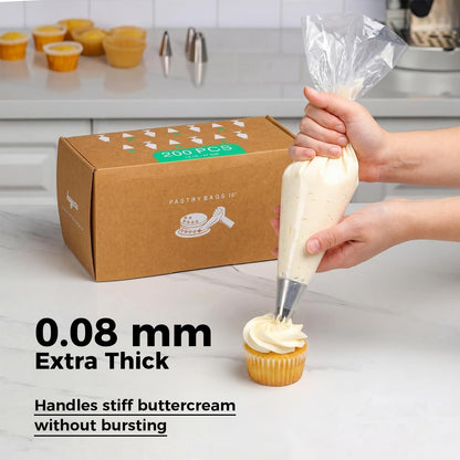 16-Inch Heavy-Duty Disposable Piping Bags, 200 Pack – Extra Thick Smooth Pastry Bags with Easy-Pull Dispenser Box for Cake Decorating, Buttercream Frosting, Cookie Icing & Baking Supplies