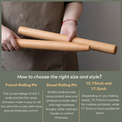 muso wood Wooden Rolling Pin for Baking, Beech Wood Tapered Rolling Pin