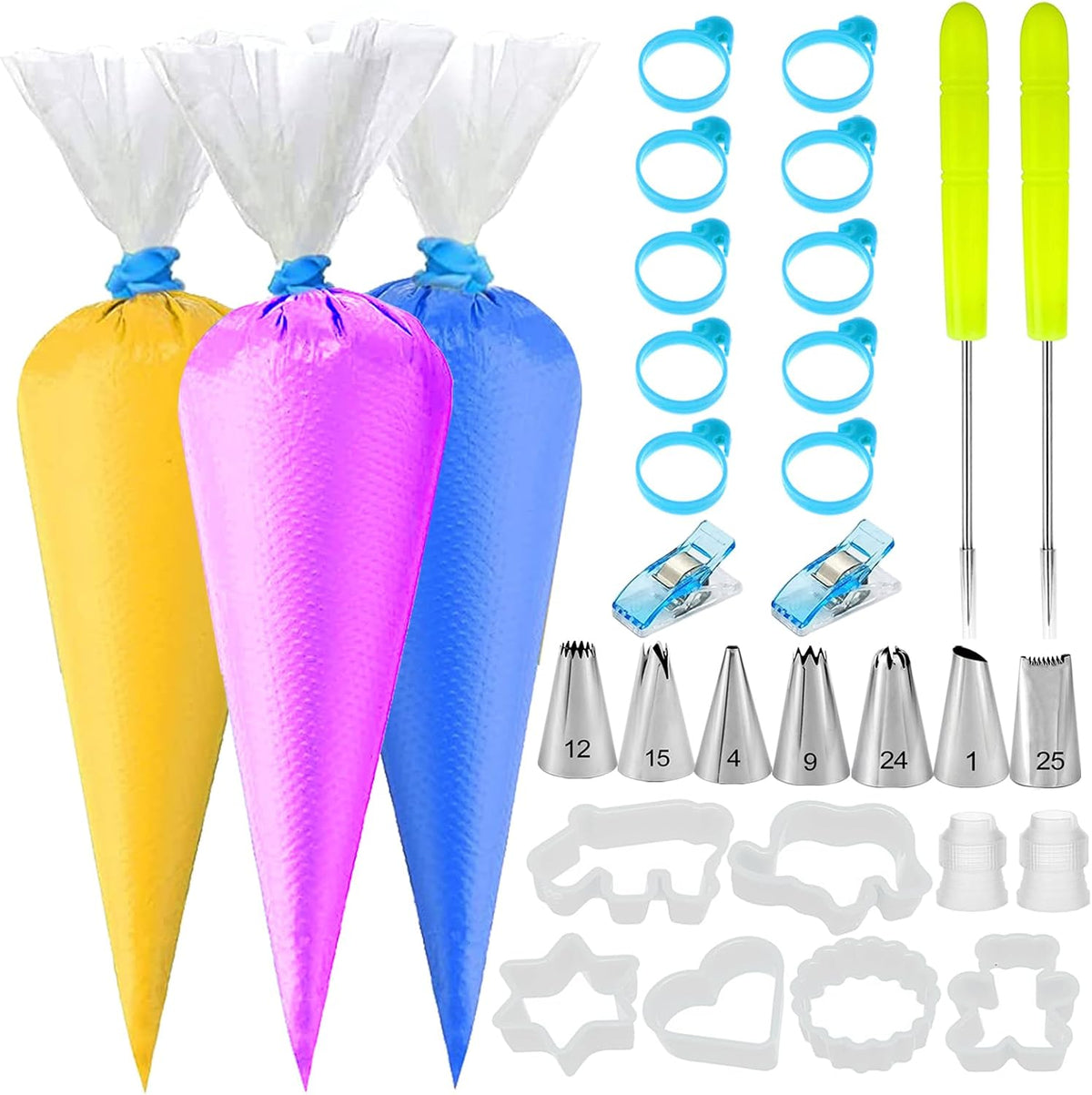 129Pcs Piping Bags and Tips Set - 100 12Inch Disposable Tipless Piping Bags for Royal Icing - Cake Decorating Baking Tools with 7 Frosting Tips, 10 Bag Ties, 2 Scriber Needle,6 Cookie Cutters