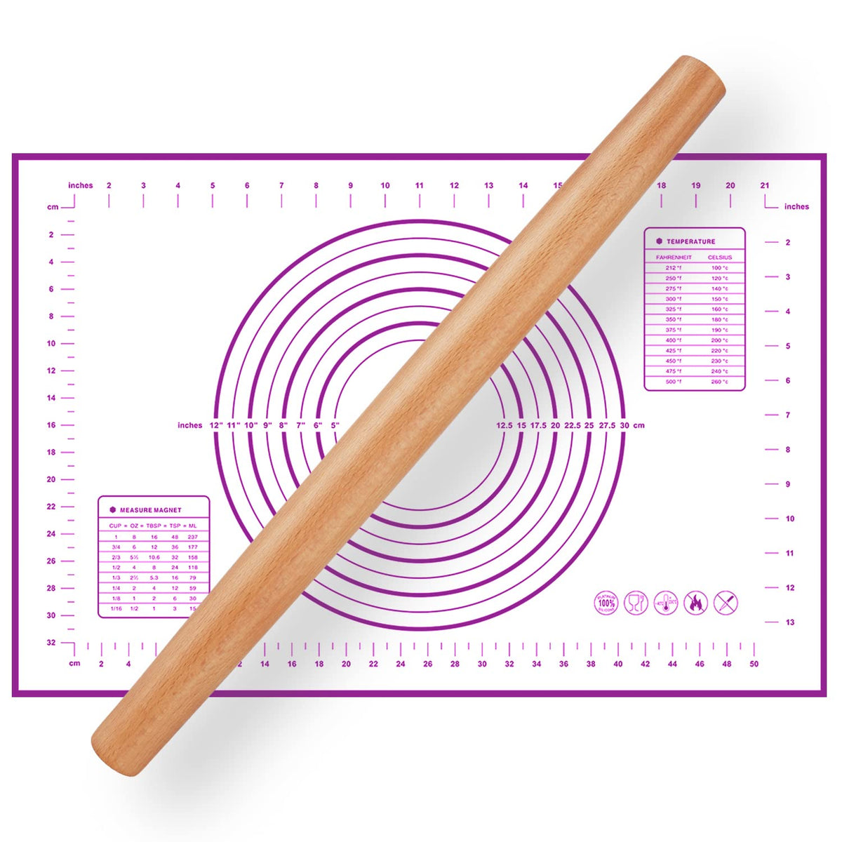 Wood French Rolling Pin for Baking, QUELLANCE Wooden Dough Roller with Silicone Baking Mat, Beech Wood Rolling Pins for Baking Dough, Pizza, Pie, Pastries, Pasta and Cookies,Red Pastry Mat