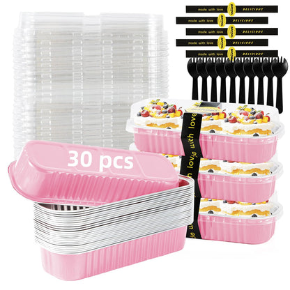 Mini Loaf Pans with Lids and Spoons Sealing Sticker,6.8oz Cake Pans for Baking Disposable Aluminum Foil Pink/Red cake pan (30, Pink)