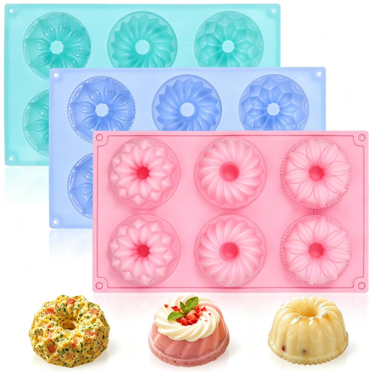 3 Pcs Silicone Mini Fluted Tube Cake Pans, 6‑Cavity Mini Cake Pans