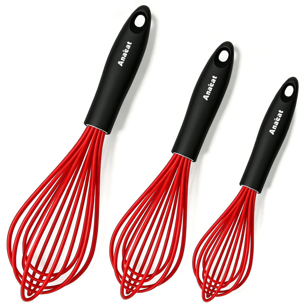 Anaeat Silicone Whisk, Thick Stainless Steel Wire Inner - Heat Resistant Kitchen Whisks for Non-Stick Cookware, Balloon Egg Beater for Whisking, Blending, Beating, Frothing & Stirring (Red)
