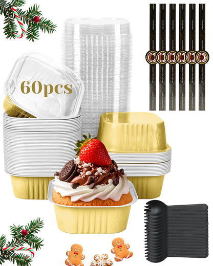 YQER 60 Pack 10oz Mini Cake Pans with Lids, Spoons, Stickers - Disposable Square Brownie Baking Cups - Individual Small Aluminum Foil Loaf Tins for Muffin, Ramekins, Cupcake - Catering, Gift, Pink
