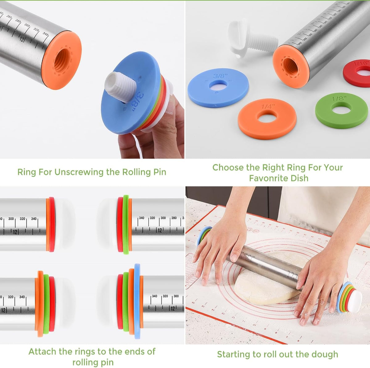 AMUZHI Adjustable Steel Rolling Pin, Screw Rings for Cake Pop Baking
