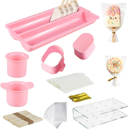 Cakesicle Cutter and Cake Pop Mold with Tray,Stand,Stick,Bag and Tie-Pink