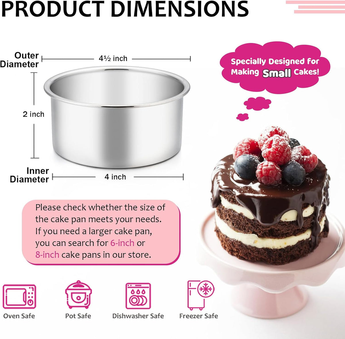 E-far 4 Inch Small Cake Pan Set of 3, Stainless Steel Mini Round Smash Cake Baking Pans, Non-Toxic & Healthy, Mirror Finish & Dishwasher Safe
