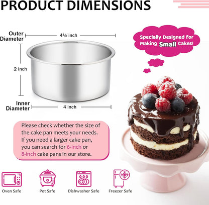 E-far 4 Inch Small Cake Pan Set of 3, Stainless Steel Mini Round Smash Cake Baking Pans, Non-Toxic & Healthy, Mirror Finish & Dishwasher Safe
