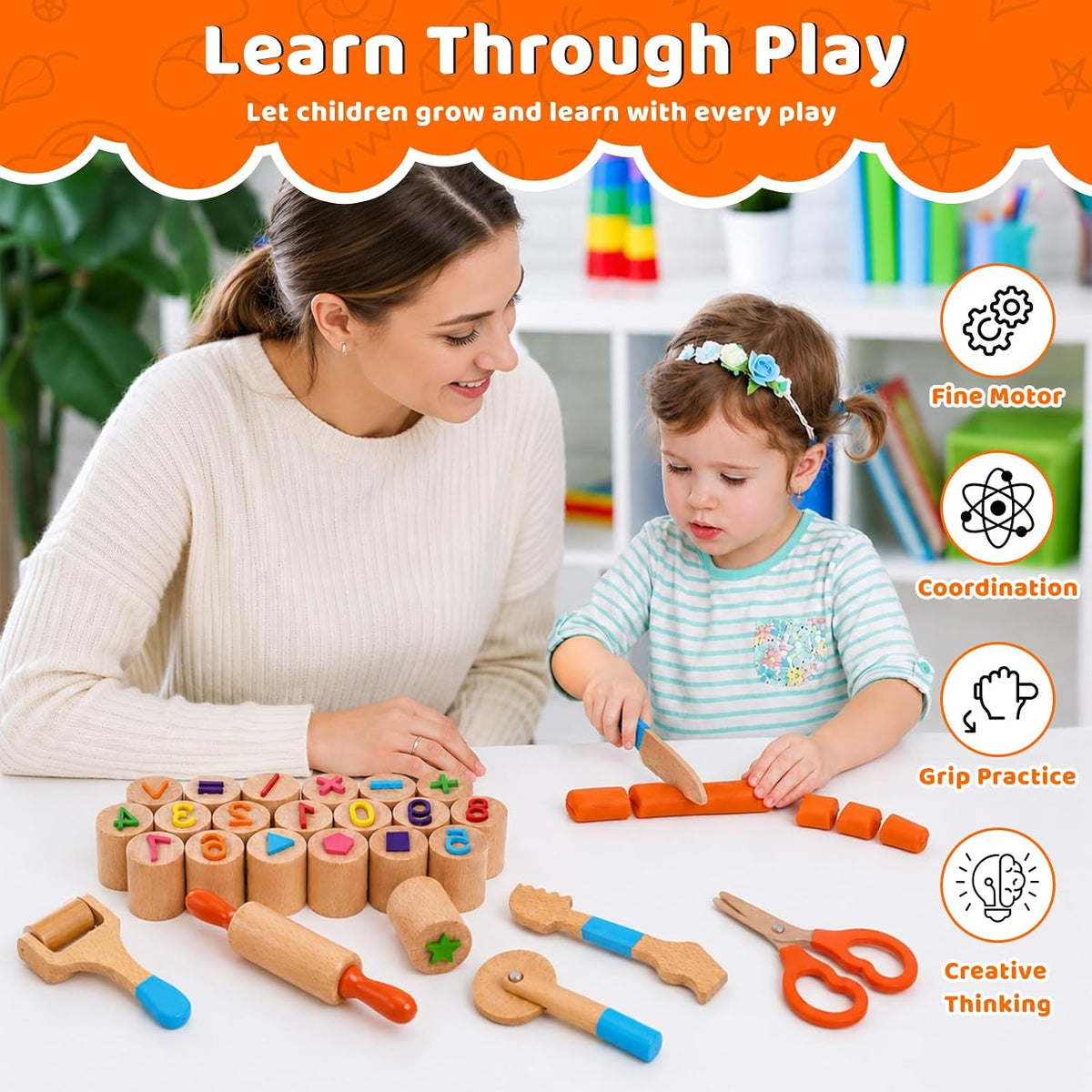 FIIOEOY Wooden Dough Tool Set for Kids, Dough Tools & Number Shape Stamps