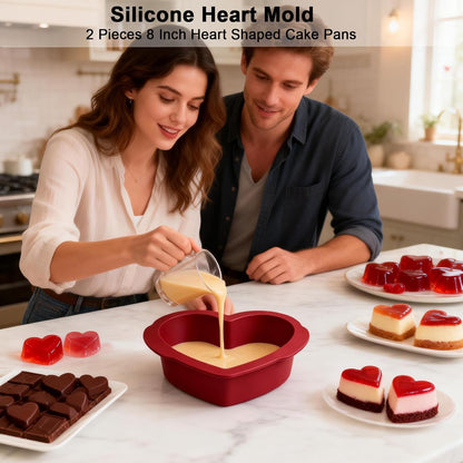 Silicone Heart Shaped Cake Pans 8 inch, NonStick Easy Release Heart Silicone Mini Cake Molds for Baking Bread, Easy Clean Brownies Pan Set for Oven, Microwave, Air Fryer and Freezer (8 Inch 2PCS)