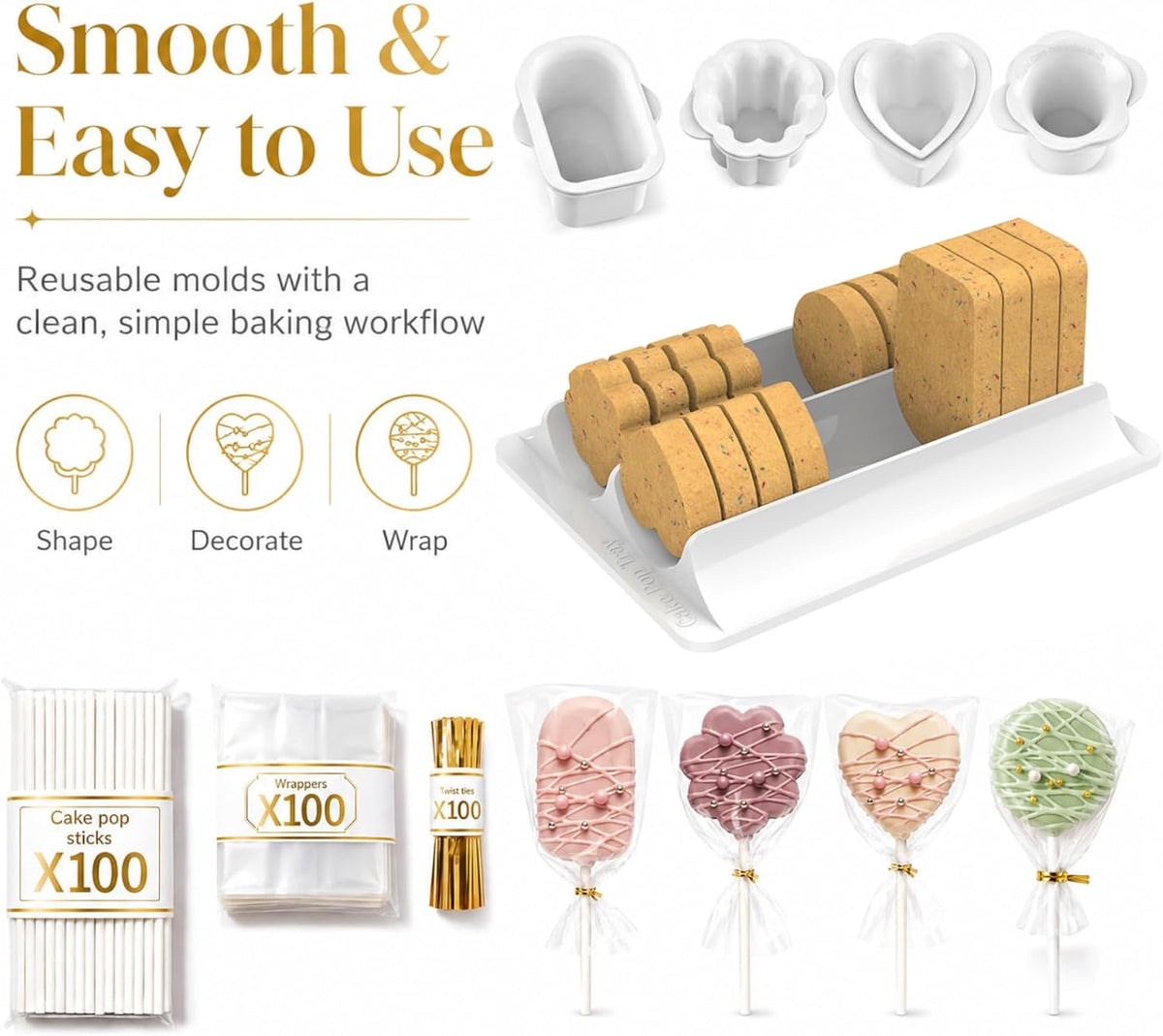 Cake Pop Molds Set, 4 Shapes with Tray, 100 Sticks Wrappers Ties