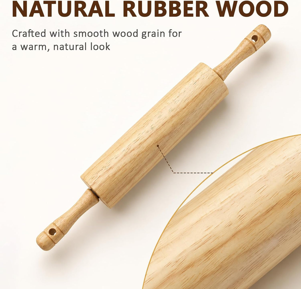KARRYOUNG Natural Rubberwood Rolling Pin with Handles – Smooth Dough Roller for Pizza, Pie Crust, Cookies, Fondant & Tortillas – Durable Kitchen Baking Essential, Rodillo Para Masa
