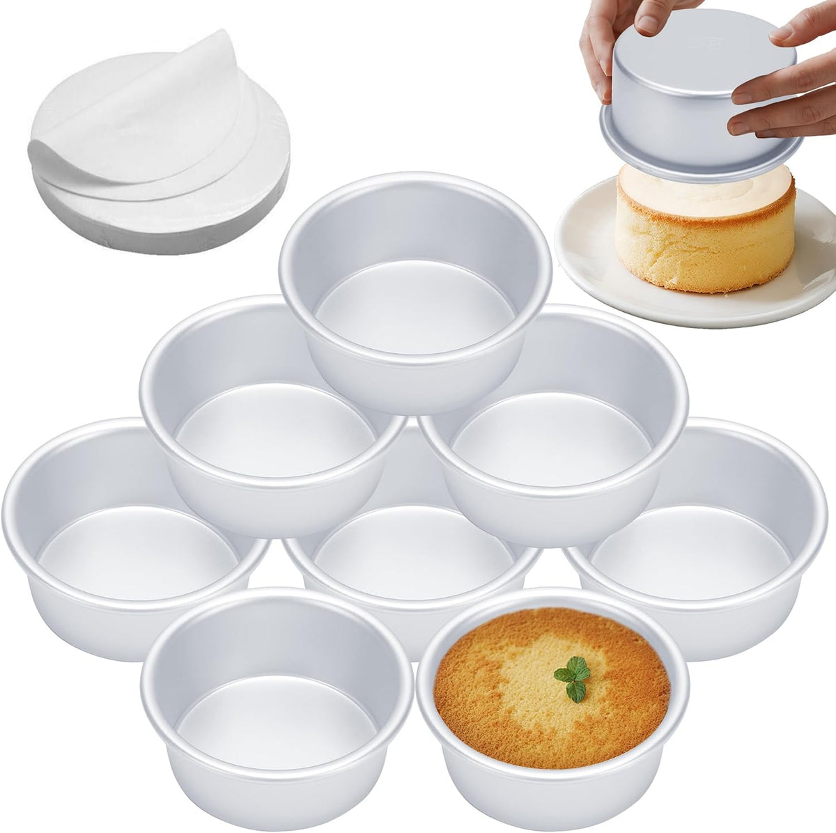 4 Inch Cake Pan Set of 8, Aluminum Mini Cake Pans w/ 100PCS Parchment Paper