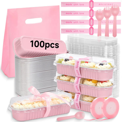 Mini Loaf Pans with Lids and Spoons Sealing Sticker,6.8oz Cake Pans for Baking Disposable Aluminum Foil Pink/Red cake pan (30, Pink)
