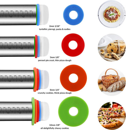 Rolling Pin and Pastry Baking Mat Set, Rolling Pins with Adjustable Thickness Rings, Stainless Steel Dough Roller for Baking Fondant, Pizza, Pie, Pastry, Pasta, Cookies (Black Mat)