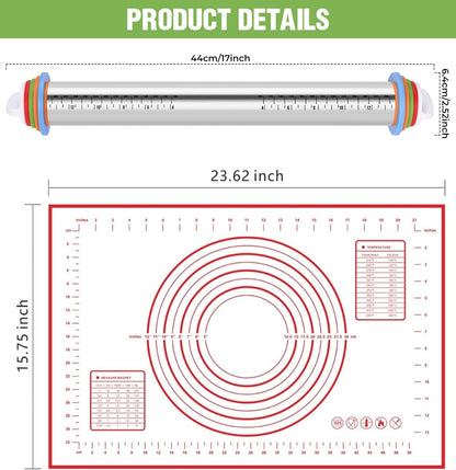 Adjustable Rolling Pin With Thickness Rings&Silicone Baking Pastry Mat Set