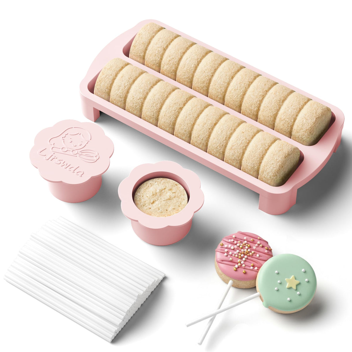 Round Cake Pop Mold Kit with Sticks Non-3D Printed Cutter Pusher Set White
