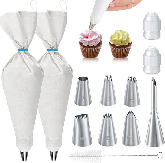 Reusable Piping Bags and Tips Set, 2pcs 16 inch Cotton Pastry Bags and Tips