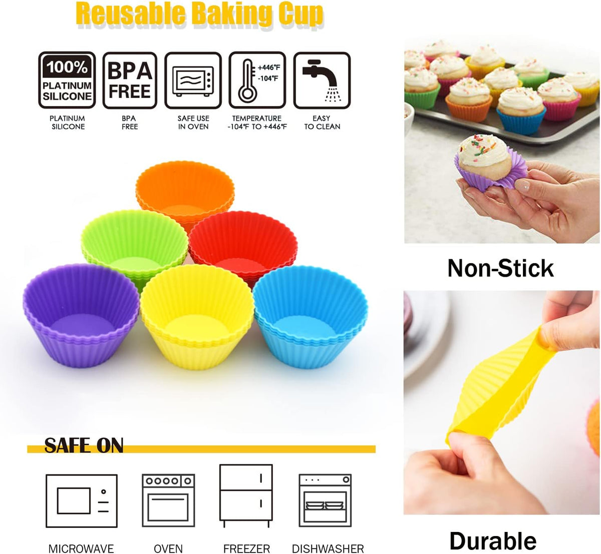 24 Pack Silicone Baking Cups, Reusable Cupcake Liners Molds, Multicolor