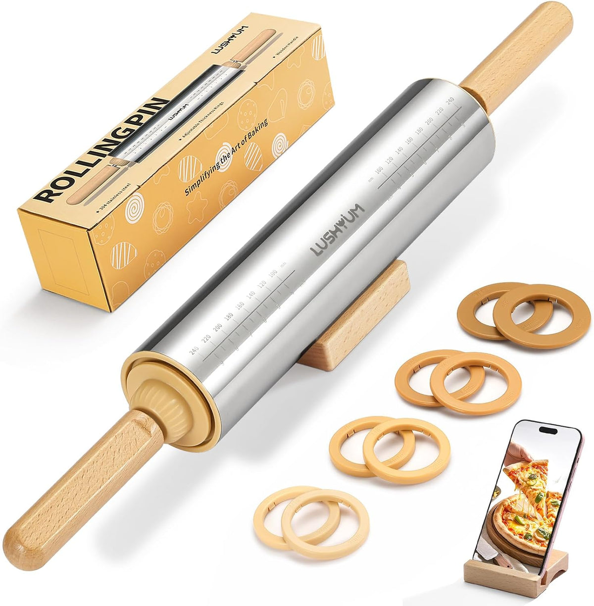 LUSHYUM 304 Stainless Steel Adjustable Rolling Pin with Thickness Rings