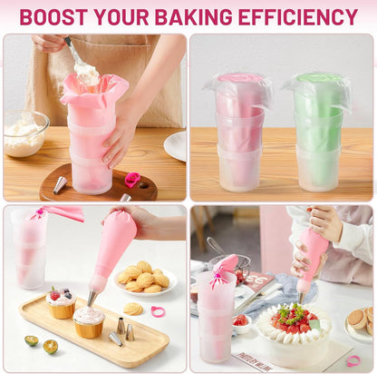 Piping Bag Holder Stand for Filling, Pastry Piping Bag Holder Stand, Clear Cream Icing Bag Holder with 2 Pack 14 Inch Reusable Piping Bags & 10Pcs Pastry Bag Ties