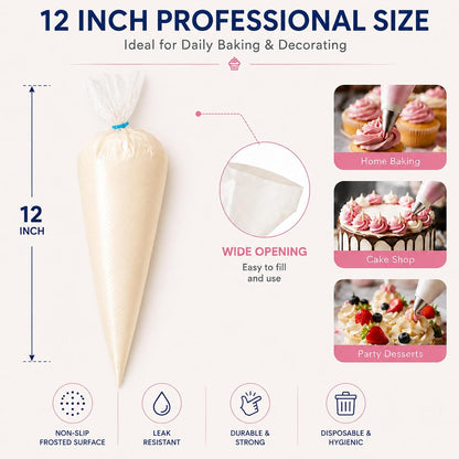 250 Pcs Disposable Piping Bags 12 Inch, Tipless Icing Piping Bags Non-Slip Anti Burst Disposable Pastry Bags for Cream Frosting, Cakes, Chocolate, Cupcakes and Cookies Decoration Supplies