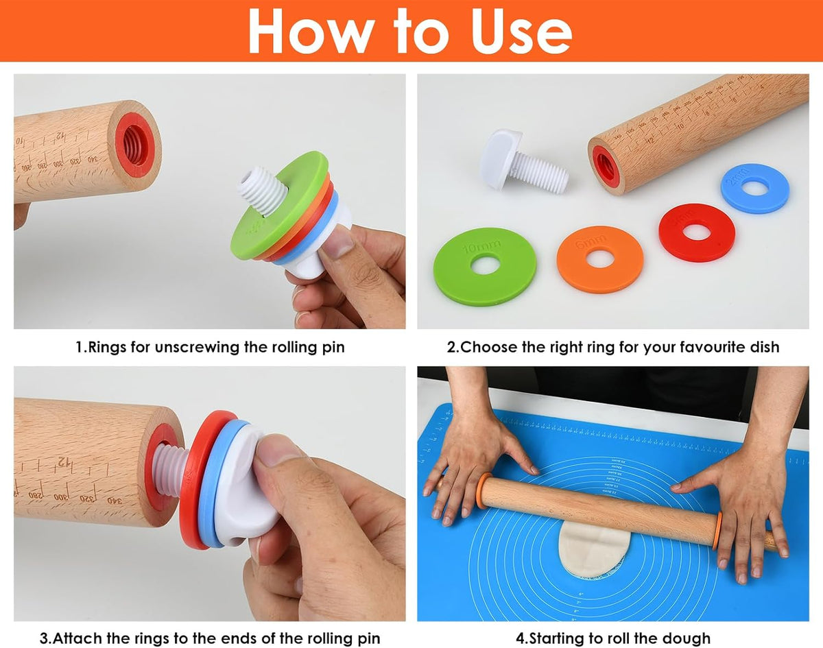 Rolling Pin with 4 Adjustable Thickness Rings and Long Handle 13.6 Inch Wooden Dough Roller for Baking, Dough, Cookie, Cake, Fondant, Pizza and Pie Crust