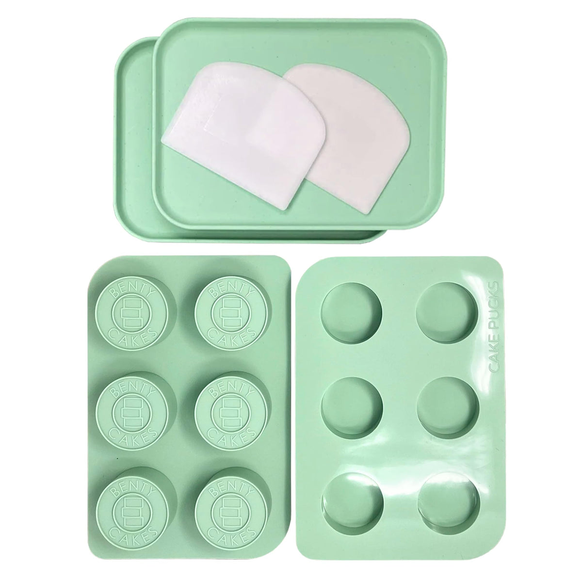 Benty Cakes – The Original Cake Puck Mold Set – Better than a Cake Pop! Make Chocolate Covered Desserts – BPA Free Silicone – Includes 1 Mold Set, 1 Plastic Tray and 1 Scraper – Green